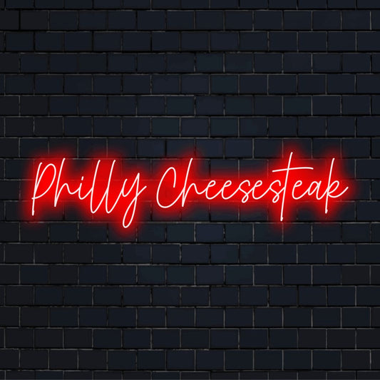Philly Cheesesteak Neon Sign, glowing wall decor against brick backdrop