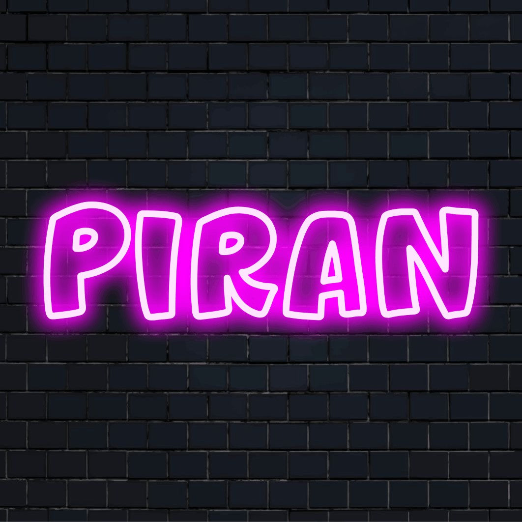 Piran Neon Sign, bright neon lettering against brick backdrop