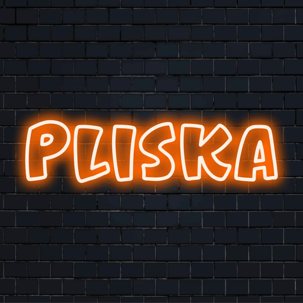 Pliska Neon Sign, glowing neon text on black brick background
