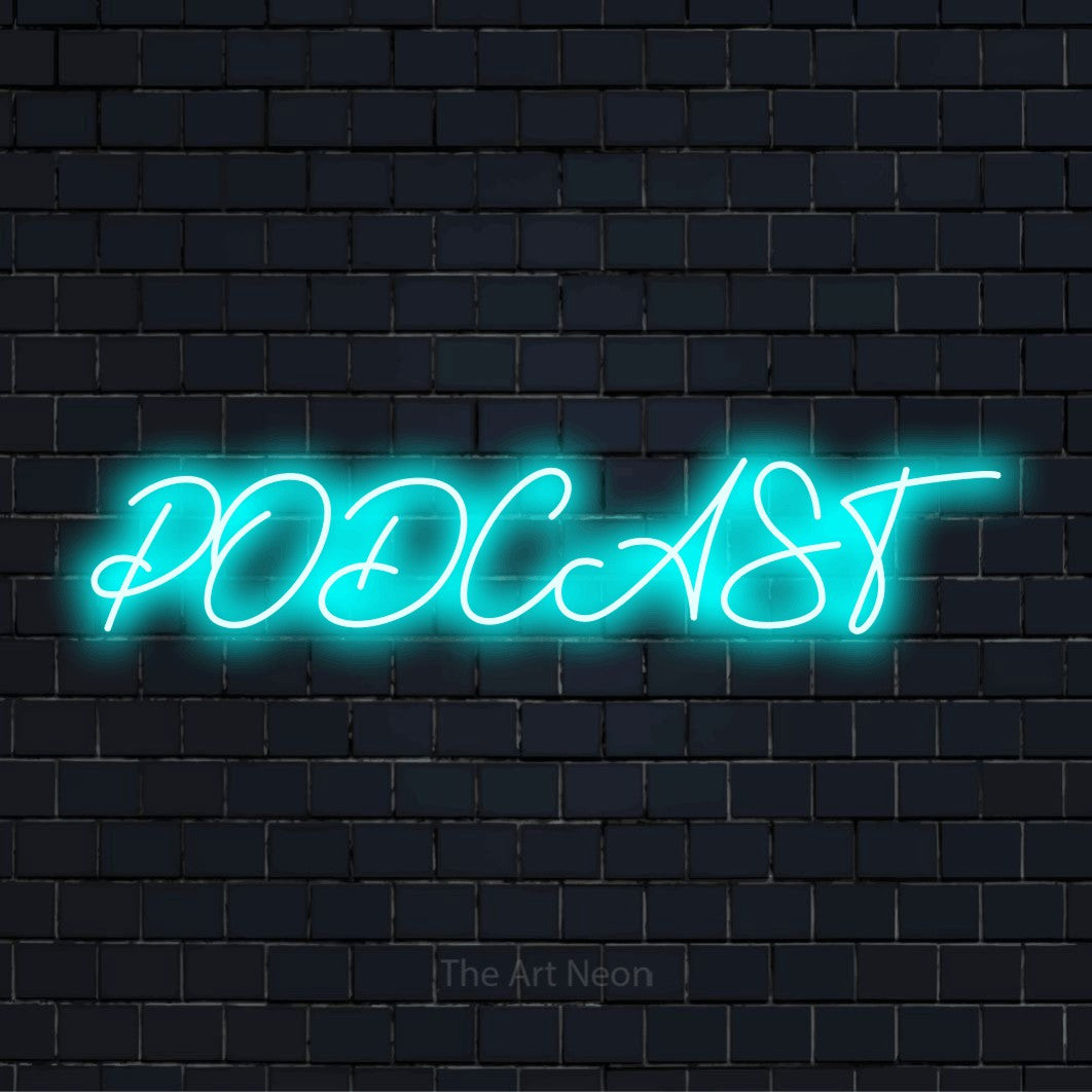 "Podcast" text design with neon effect on a black brick wall