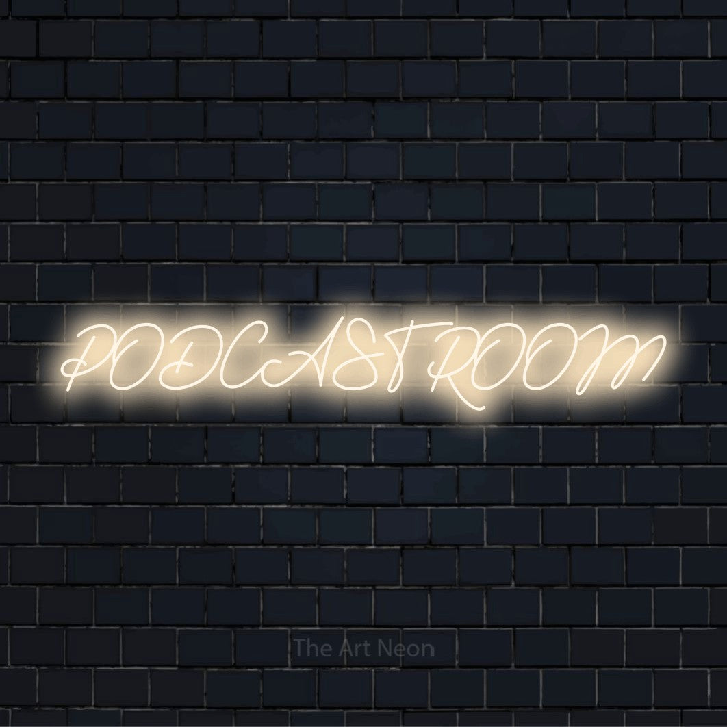 Podcast Room LED neon wording design for a creator studio