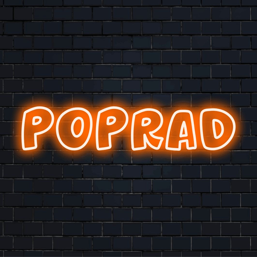 Poprad LED Neon Sign, bright neon glow against brick backdrop