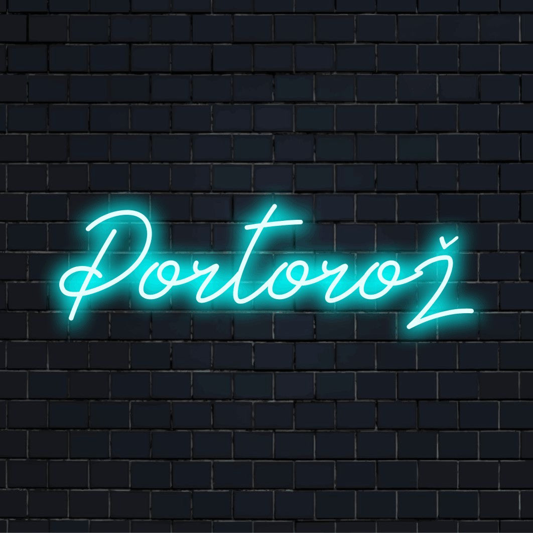 Portoro LED Neon Sign, bright neon glow on dark brick background