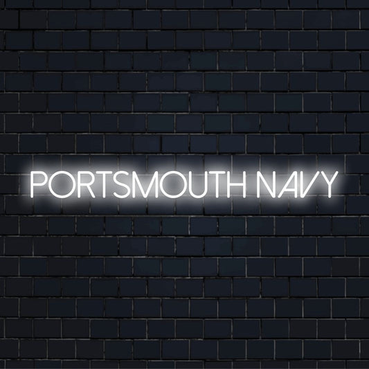 Portsmouth Navy Neon Sign, neon text light on black brick background