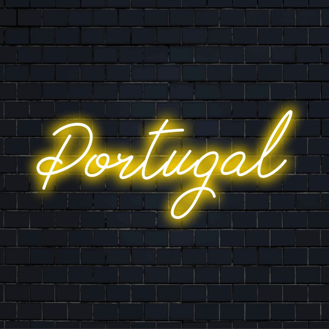 Portugal LED Neon Sign, soft neon glow against black brick wall
