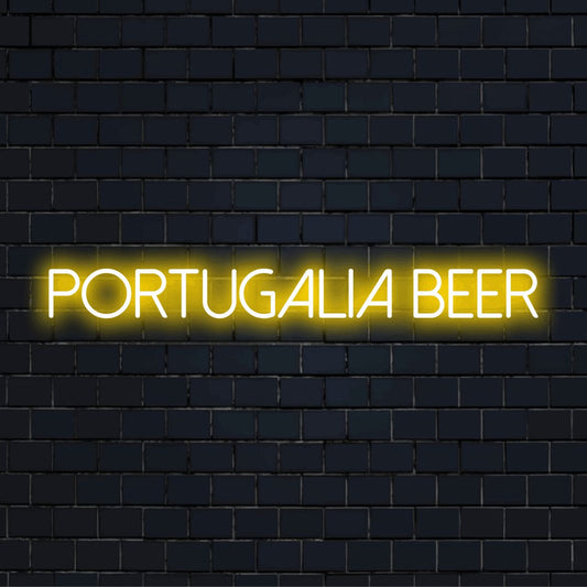 Portugalia Beer LED Neon Sign, bright neon lettering on dark brick wall