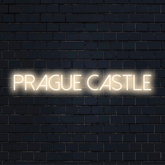 Prague Castle Neon Sign, glowing wall decor on dark brick wall