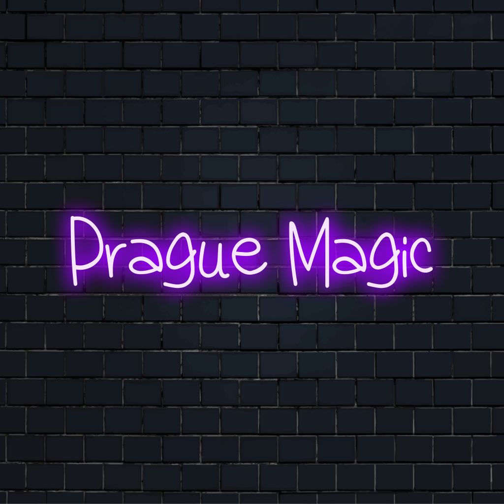 Prague Magic Neon Sign, glowing neon text against brick backdrop