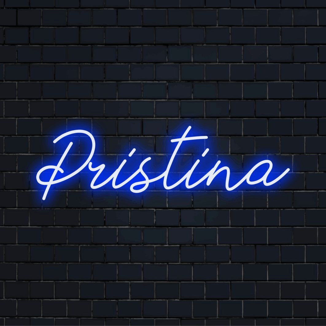 Pristina LED Neon Sign, neon text light against brick backdrop