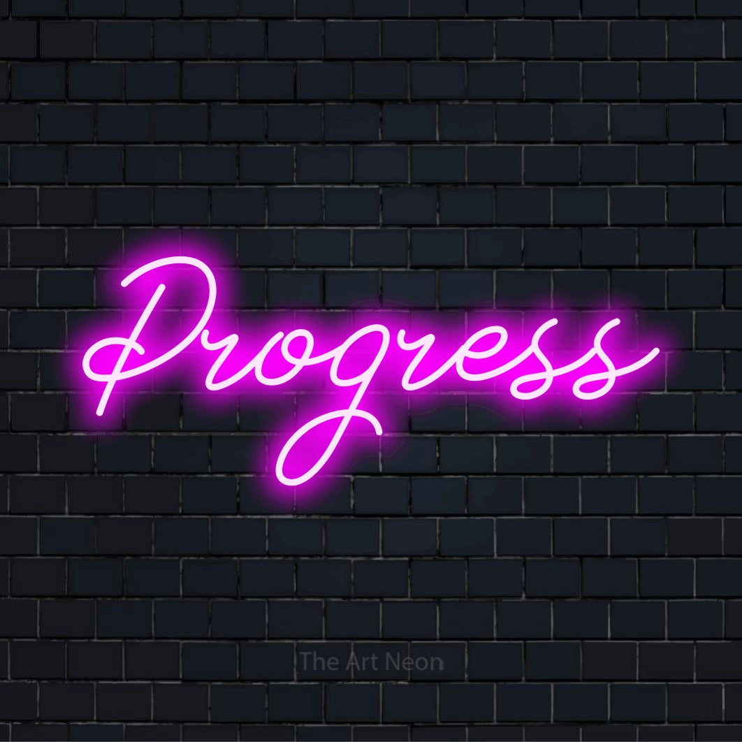 "Progress" neon text design on a black brick wall