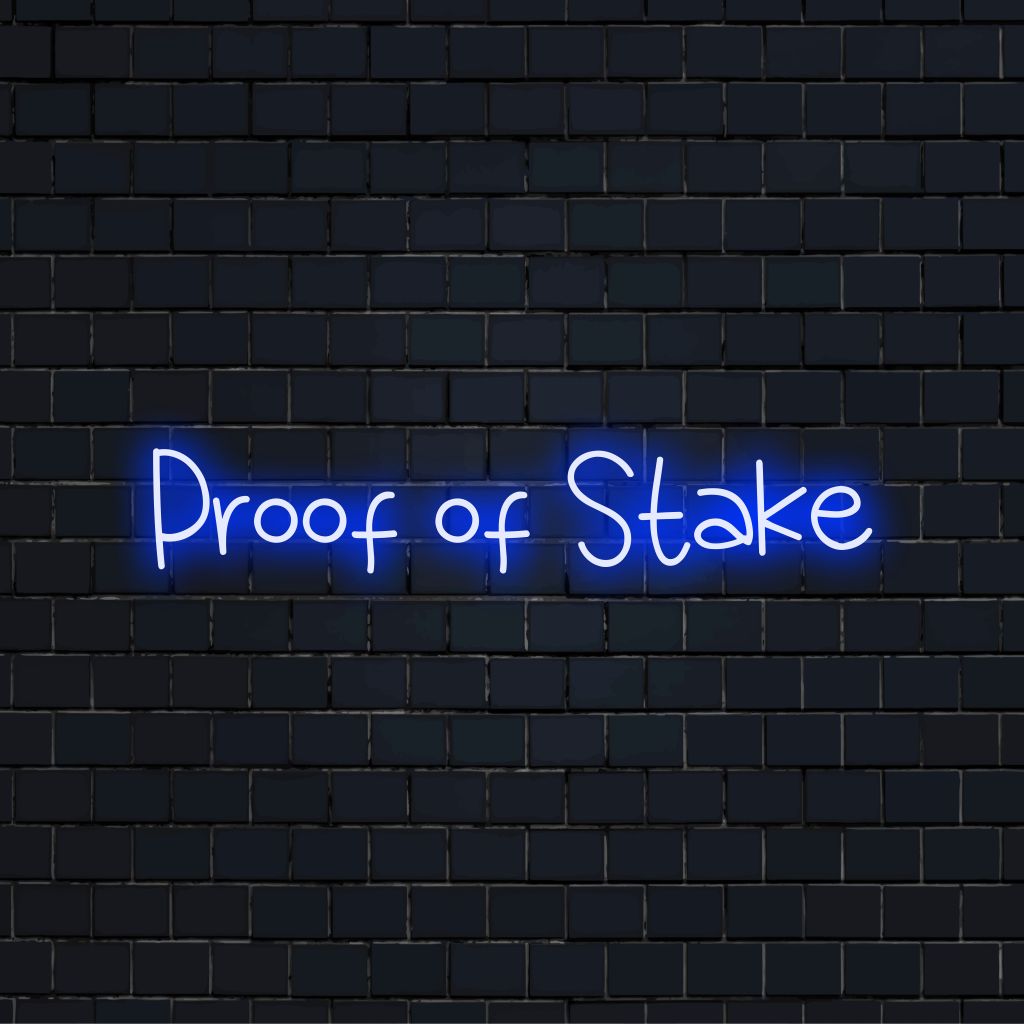 Proof Of Stake Neon Sign, glowing lettering on black brick background