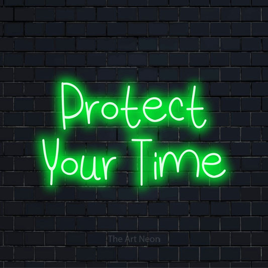 "Protect Your Time" text design with neon effect on a black brick wall