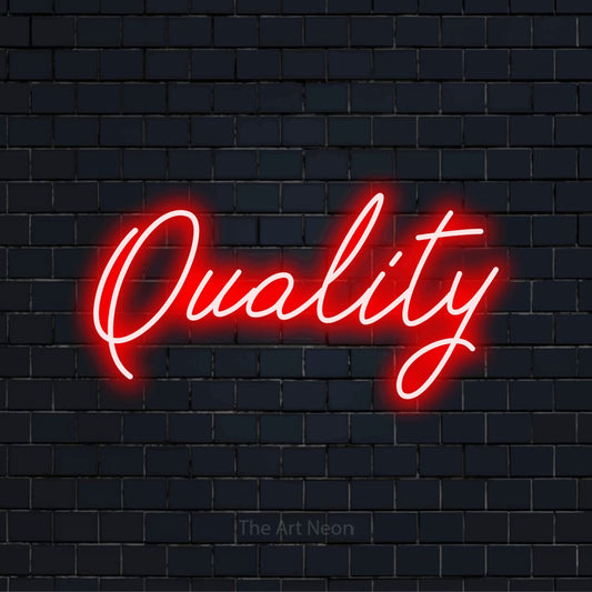 "Quality" text design with neon effect on a black brick wall