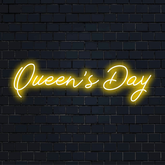 Queen S Day LED Neon Sign, glowing wall decor against brick backdrop