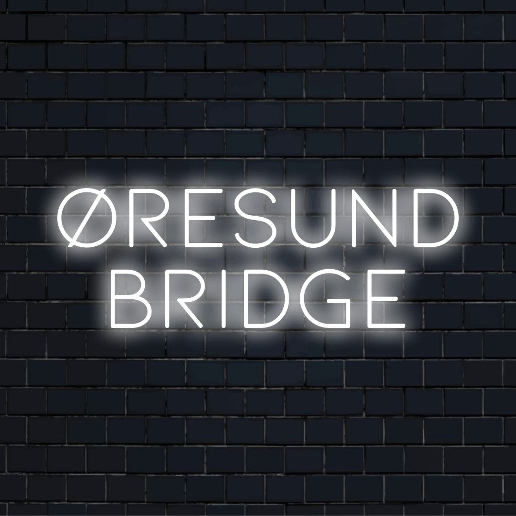 Resund Bridge Neon Sign, neon text light against brick backdrop
