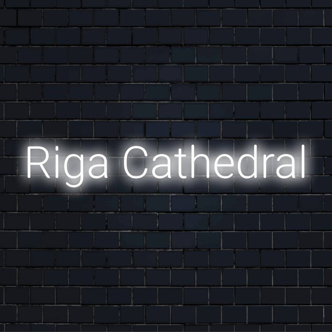 Riga Cathedral Neon Sign, glowing wall decor against black brick wall