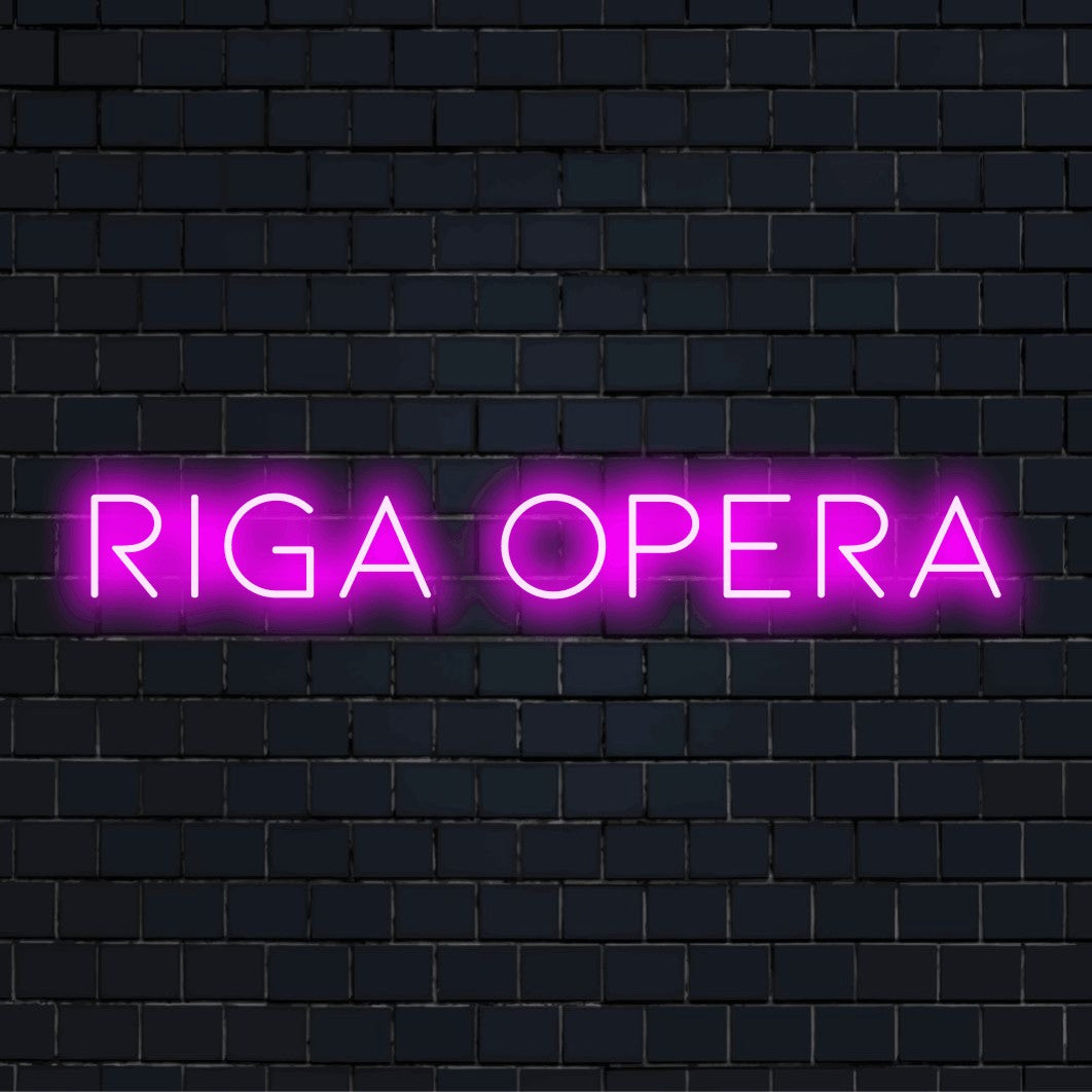 Riga Opera LED Neon Sign, glowing lettering on dark brick background