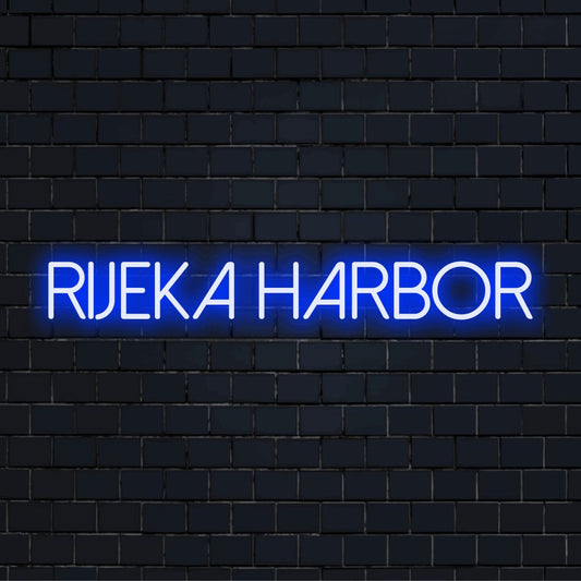 Rijeka Harbor LED Neon Sign, glowing neon text against brick backdrop