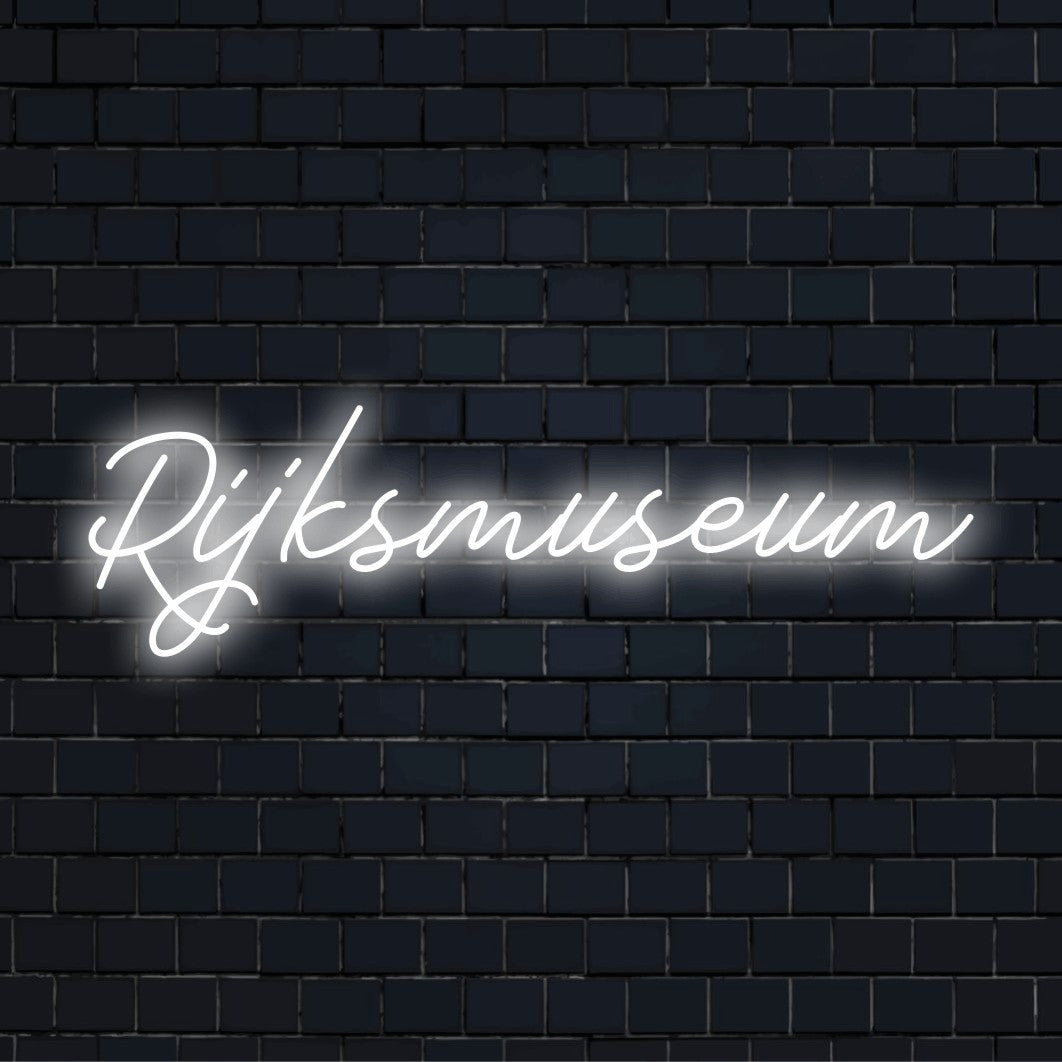Rijksmuseum Neon Sign, neon text light on dark brick background