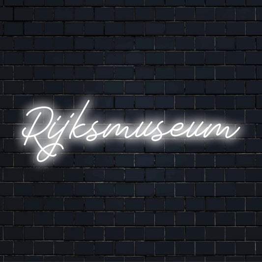 Rijksmuseum Neon Sign, neon text light on dark brick background