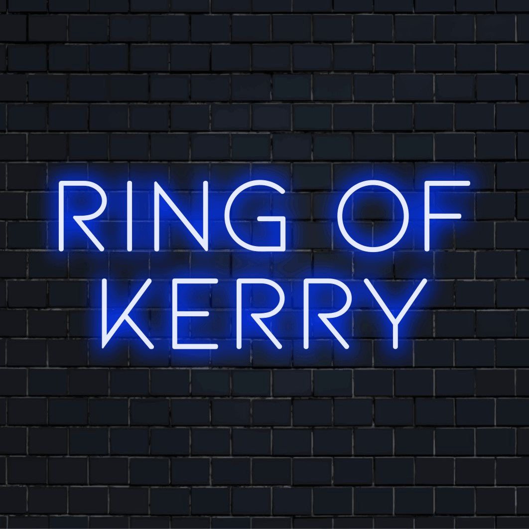 Ring Of Kerry Neon Sign, neon text light against black brick wall