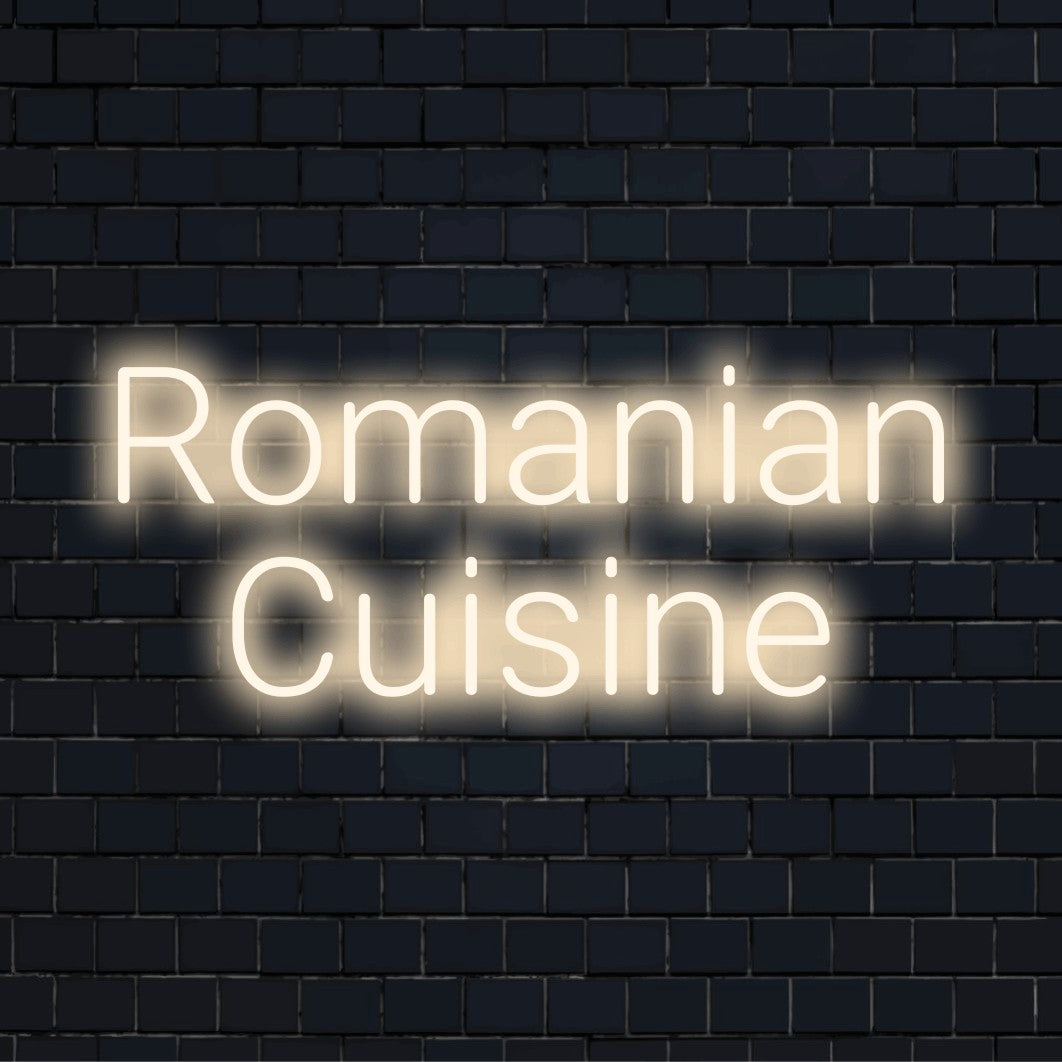 Romanian Cuisine Neon Light with soft neon glow on dark brick wall
