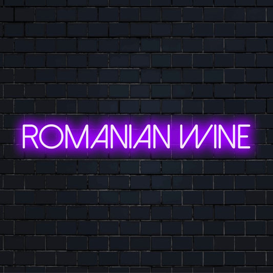 Romanian Wine Neon Sign, glowing wall decor on black brick background