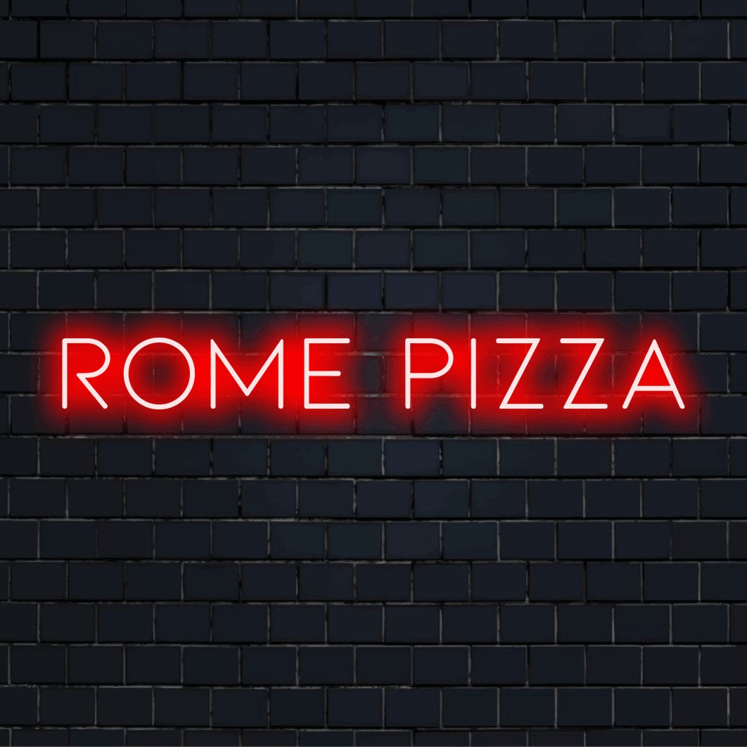 Rome Pizza LED Neon Sign, neon text light against brick backdrop