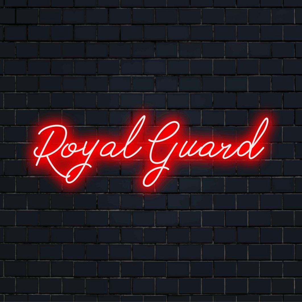 Royal Guard Neon Sign, glowing lettering against black brick wall