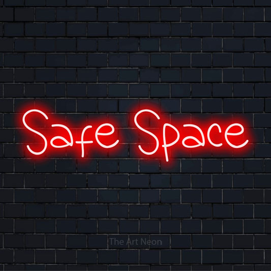"Safe Space" neon text design on a black brick wall