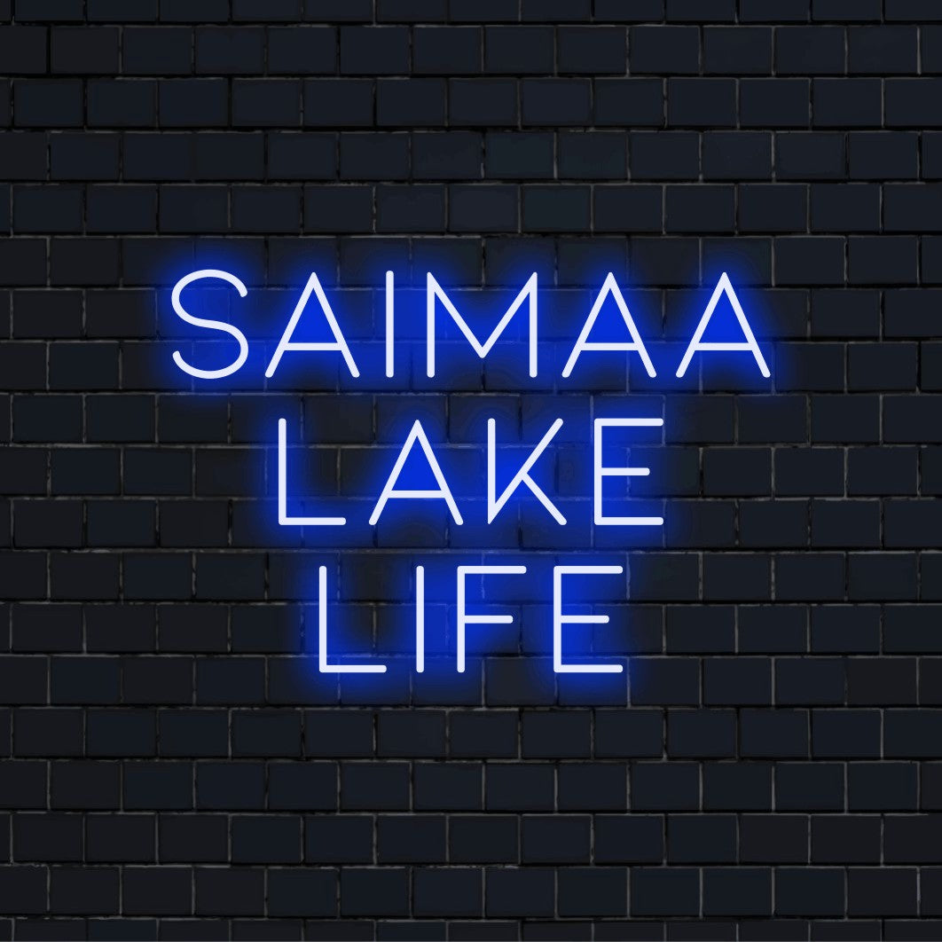 Saimaa Lake Life LED Neon Sign, glowing neon text against black brick wall