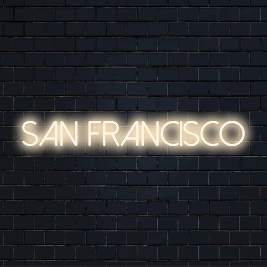 San Francisco Neon Sign, bright LED glow against black brick wall