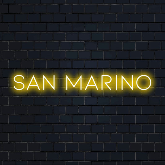 San Marino Neon Light with bright LED glow on dark brick wall