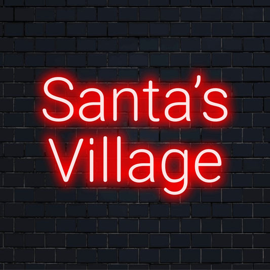 Santa S Village Neon Light with bright LED glow on dark brick wall