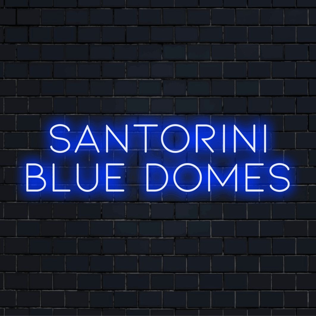 Santorini Blue Domes LED Neon Sign, bright LED glow on dark brick background