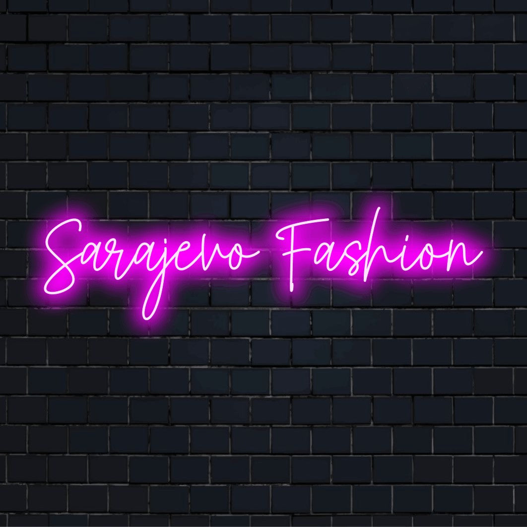 Sarajevo Fashion Neon Sign, glowing wall decor on dark brick background