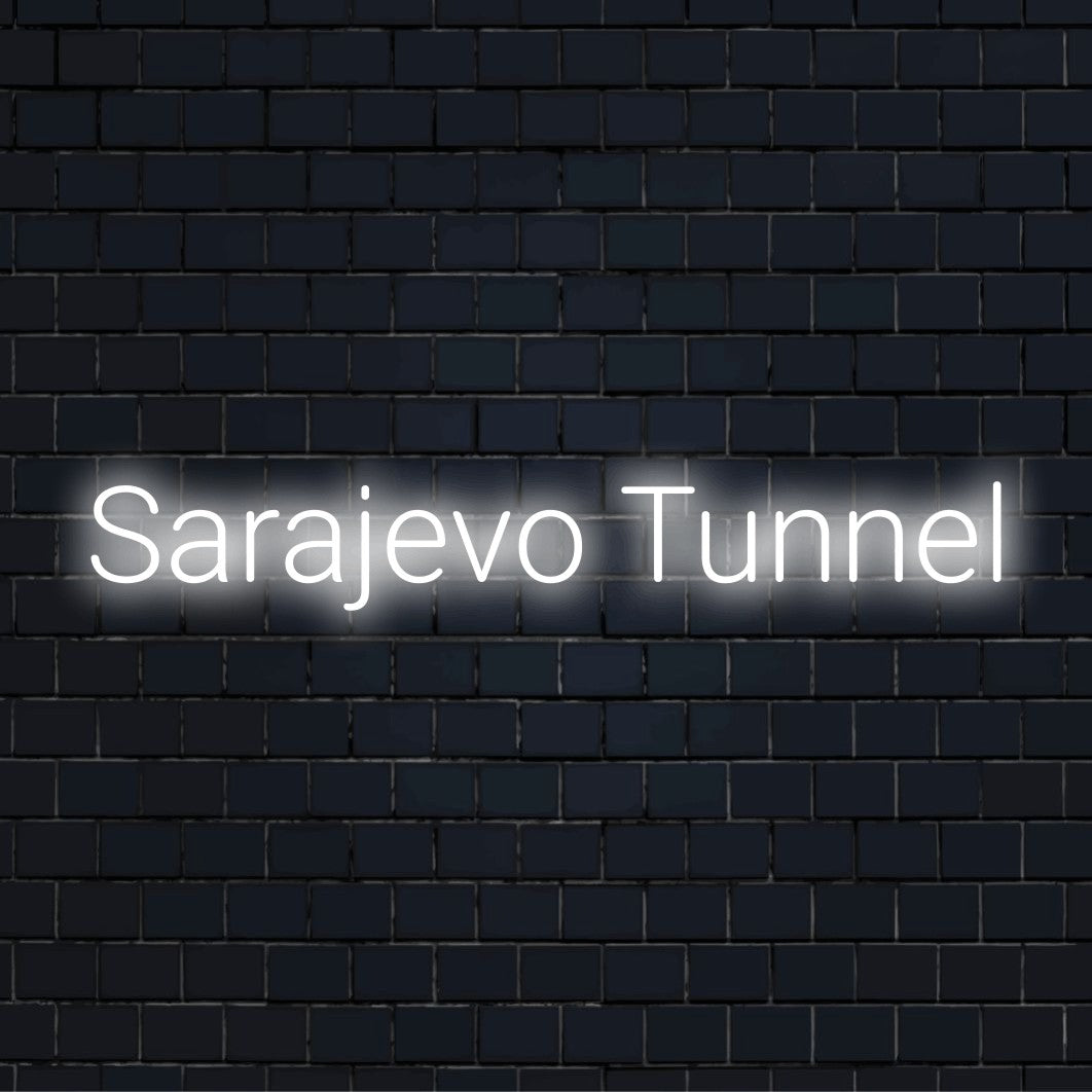 Sarajevo Tunnel Neon Sign, glowing wall decor against brick backdrop
