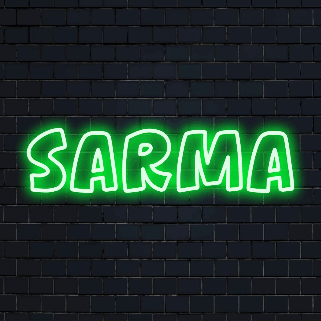 Sarma Neon Sign, bright LED glow on dark brick background