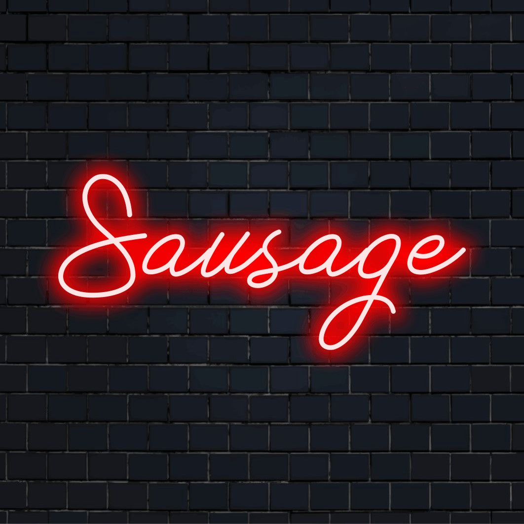 Sausage Neon Light with glowing wall decor on dark brick background