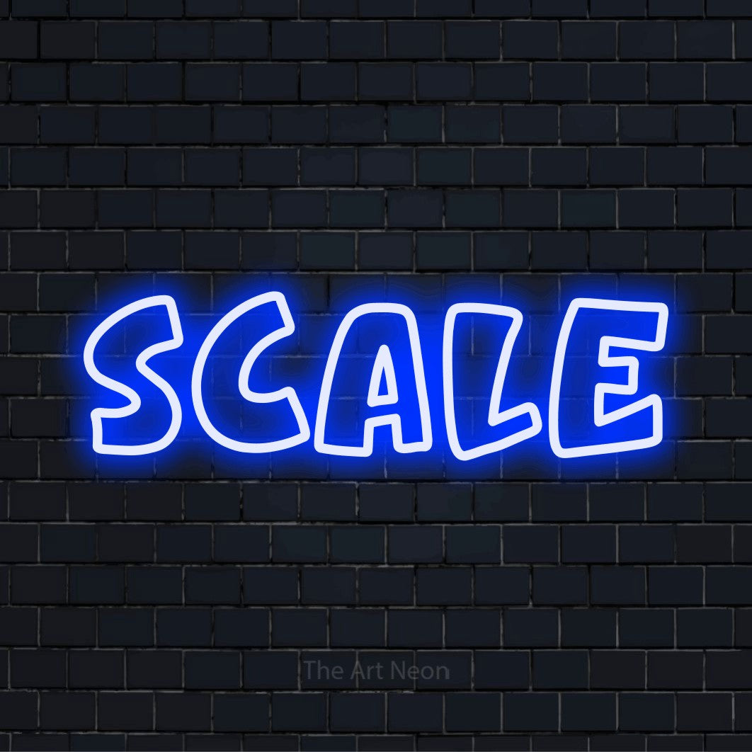 "Scale" script-style LED neon sign on a black brick wall