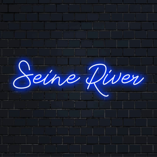 Seine River Neon Light with glowing lettering on dark brick background