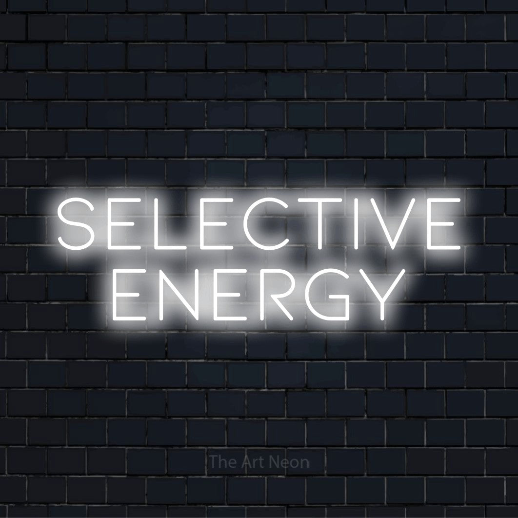 "Selective Energy" neon text design on a black brick wall