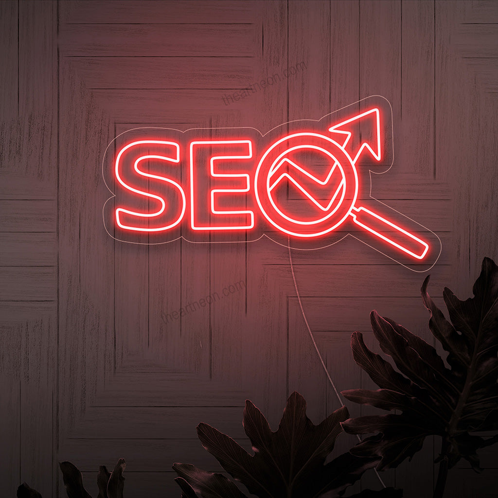 Handgemaakt SEO-neonbord, een symbool van digitale marketing en website-optimalisatie, perfect als decoratie voor een online bedrijf.