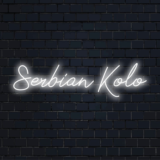 Serbian Kolo LED Neon Sign, bright LED glow on dark brick wall