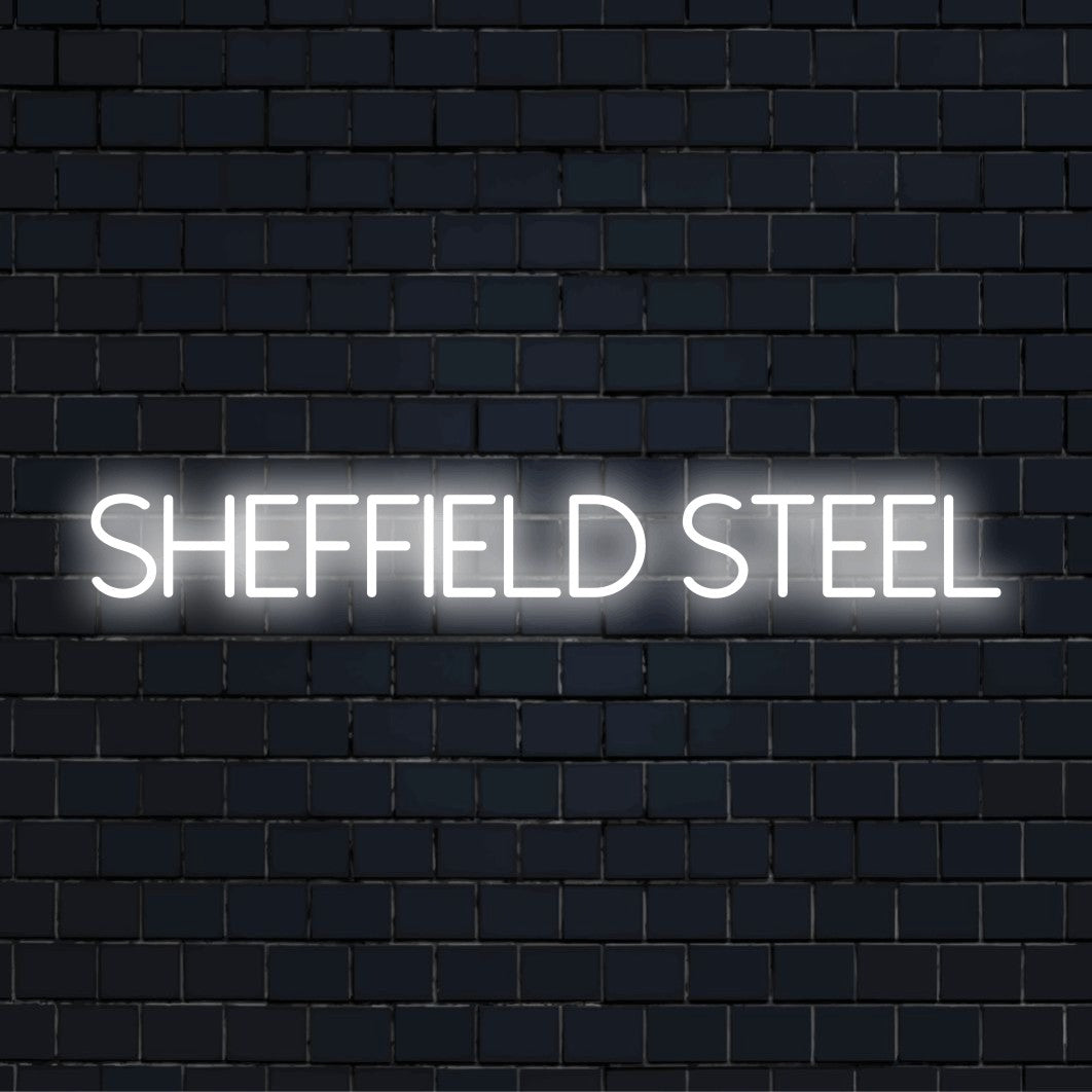 Sheffield Steel LED Neon Sign, neon text light against brick backdrop