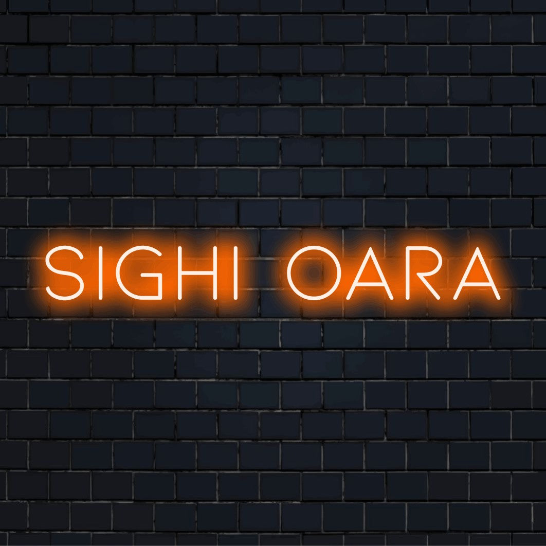Sighisoara Neon Sign, neon text light on black brick background