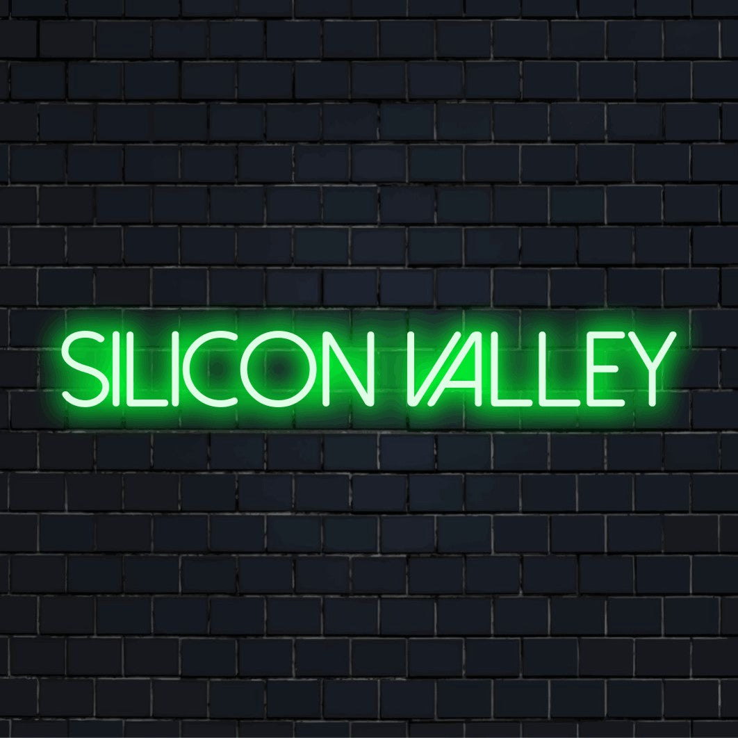 Silicon Valley Neon Light with bright neon lettering on dark brick background