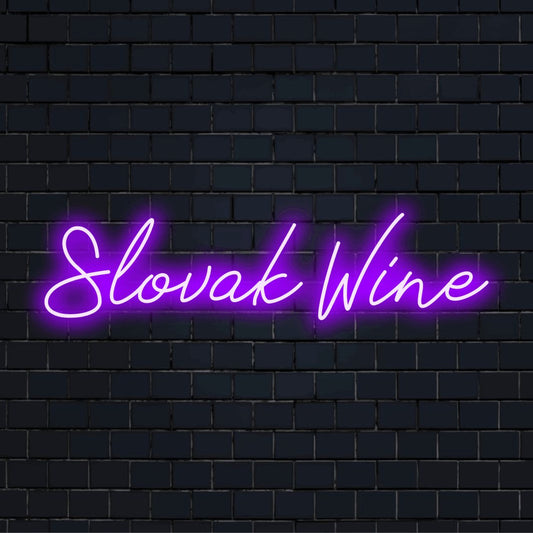 Slovak Wine Neon Light with bright LED glow against black brick wall