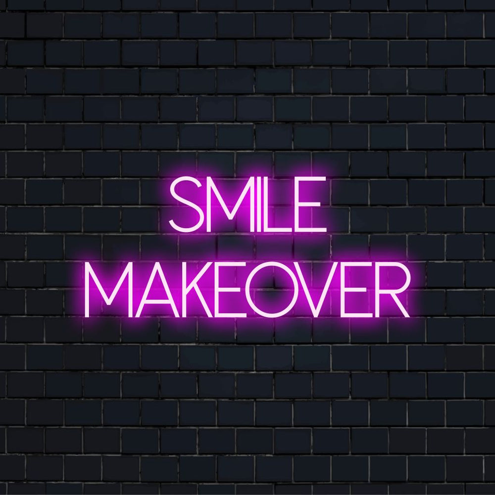 Smile Makeover Neon Sign, soft neon glow against black brick wall