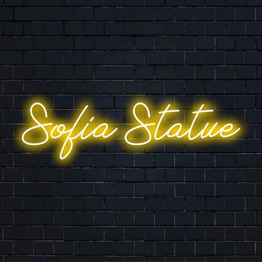 Sofia Statue Neon Sign, bright neon glow against brick backdrop
